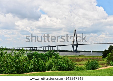 A view of the nearly three mile Cooper River Bridge spanning the Cooper River connecting Charleston, SC to Mount Pleasant, SC.