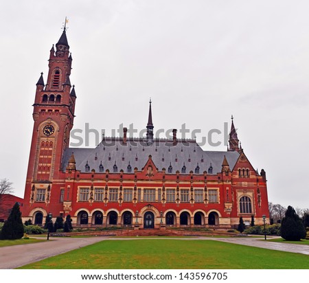 HAGUE, NETHERLANDS-APRIL 14: A view of  the International Peace Palace in Hague,Netherlands on April 14, 2013. The Peace Palace houses the International Court of Justice.