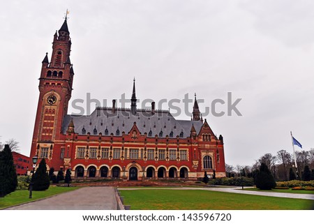 HAGUE, NETHERLANDS-APRIL 14: A view of  the International Peace Palace in Hague,Netherlands on April 14, 2013. The Peace Palace houses the International Court of Justice.