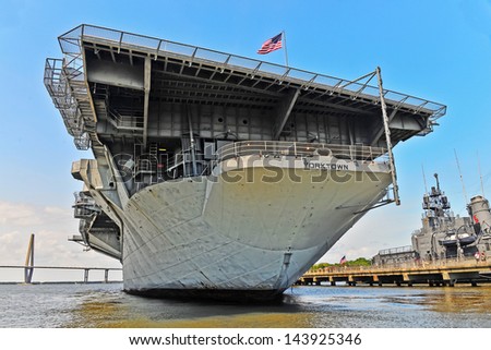 MOUNT PLEASANT, SOUTH CAROLINA-JUNE 16: A view of the retired aircraft carrier Yorktown on June 16, 2013. The Yorktown was the tenth  aircraft carrier to serve in the US Navy.