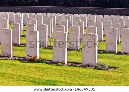 NIEUWPOORT, BELGIUM-APRIL 18: The Ramscappelle Road Military Cemetery on April 18, 2013. The cemetery was founded in 1917 to honor Commonwealth casualties of World War I.