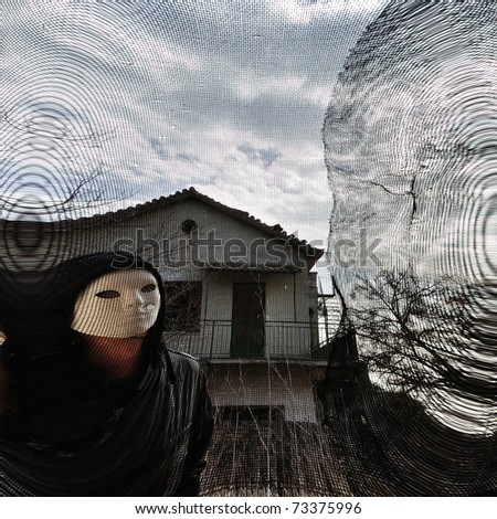 Dilapidated house and masked evil figure behind distorted threaded window.