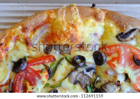 Vegetable pizza italian food background. Mushrooms, onions, tomato and olives.