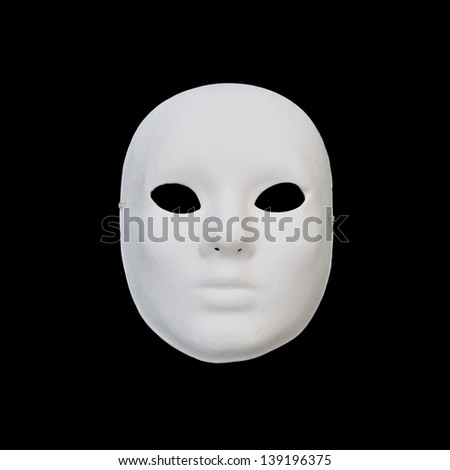White mask with blank expression on black background.