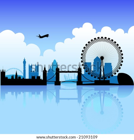 stock vector : London skyline silhouette on a bright partly cloudy day