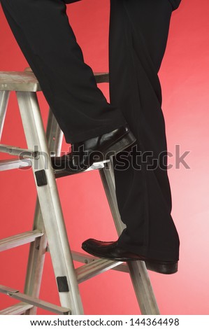 Businessman moving up a step ladder