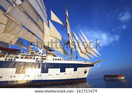 Clipper ship in the sea, Tyrrhenian Sea, Lipari Islands, Province of Messina, Sicily, Italy