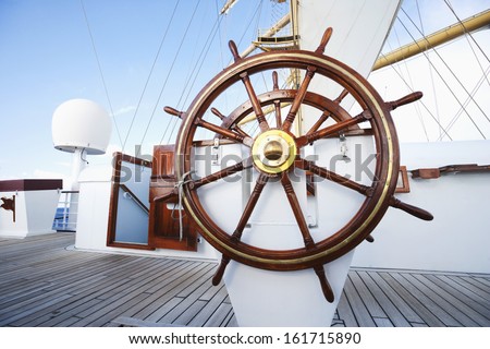 Ships helm on deck of a clipper ship, Italy