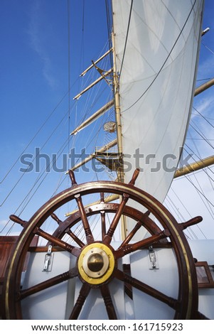 Ships helm on deck of a clipper ship, Italy