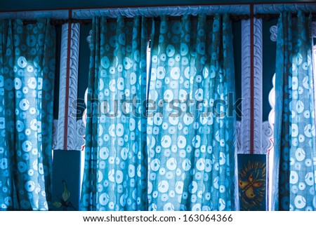 Close-up of curtains on windows, Pushkar, Ajmer, Rajasthan, India