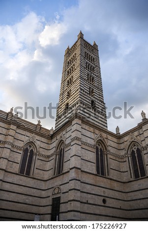 Low angle view of a bell tower, Siena Cathedral, Siena, Siena Province, Tuscany, Italy