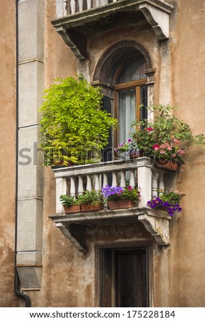 Low angle view of a balcony of residential building, Venice, Veneto, Italy