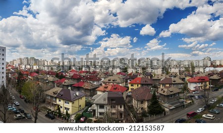BUCHAREST, ROMANIA - APRIL 14, 2014: Panorama of Bucharest cityscape as seen from block of flats in Piata Muncii area