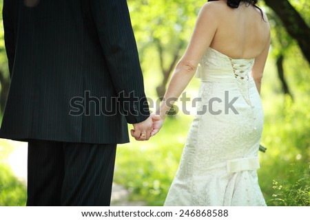 Portrait of young wedding couple, back view, outdoor