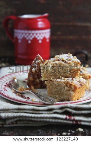 Pieces of nutmeg cake with icing sugar, walnuts and maple syrup on a dessert plate