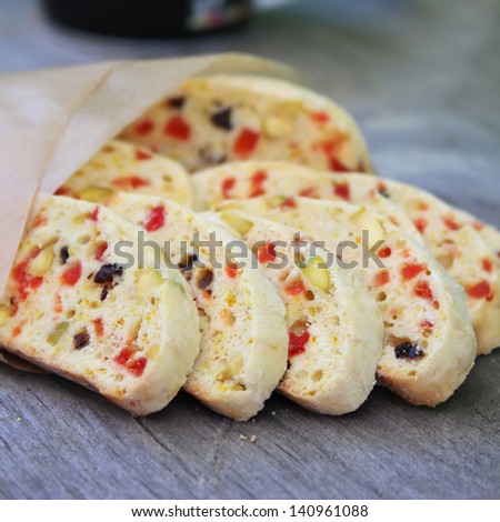 Italian biscotti cookies with dried cherry, raisin and pistachios nuts