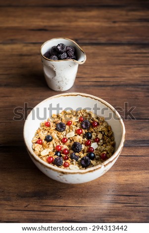 Homemade granola or muesli with toasted peanuts, blackberry and black and red currant in a bowl for healthy breakfast, selective focus
