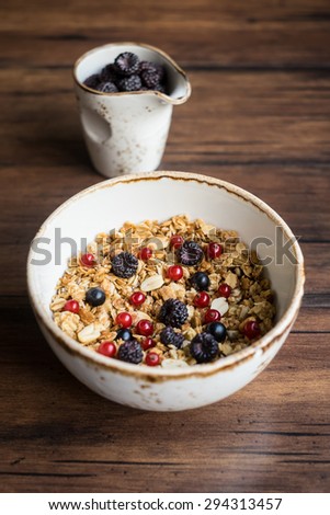 Homemade granola or muesli with toasted peanuts, blackberry and black and red currant in a bowl for healthy breakfast, selective focus