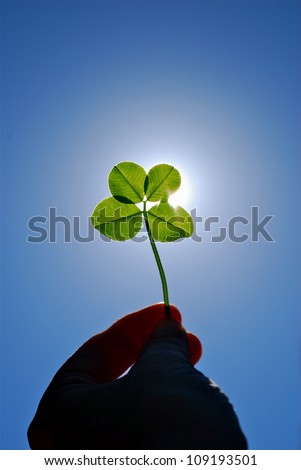 Four Leafed Clover held in hand with sunlight behind 15-06-12