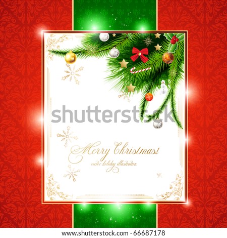 stock vector : christmas background with baubles and christmas tree. New Year invitation with seamless background.