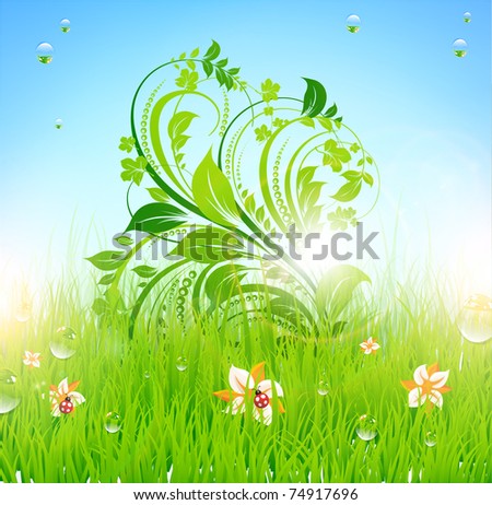 Summer grass wallpaper with flowers, ladybird, drops and sun shine. eps 10.