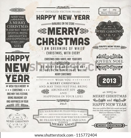 Christmas decoration collection Set of calligraphic and typographic elements frames vintage labels and borders Floral ornaments and old paper texture All for holiday invitation design Christmas decoration collection Set of calligraphic and typographic elements frames vintage labels and borders Floral ornaments and old paper texture All for holiday invitation design