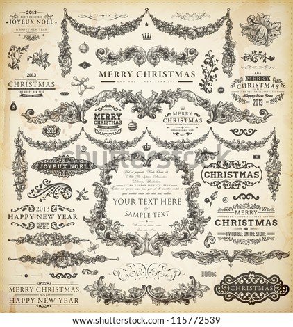 Christmas decoration collection Set of calligraphic and typographic elements frames vintage labels ribbons borders holly berries and Xmas balls All ornaments for holiday invitation design. Christmas decoration collection Set of calligraphic and typographic elements frames vintage labels ribbons borders holly berries and Xmas balls All ornaments for holiday invitation design.