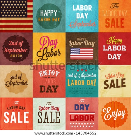 American Labor Day Designs Set. Vintage Paper Texture Background. Sale, Enjoy Lettering. Flag.