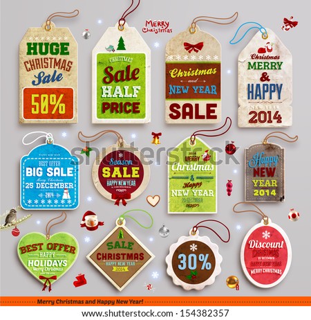 Christmas labels, tags, badges and holiday icons set. Vintage collection for Xmas retro design. Sale tags.