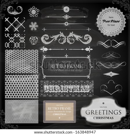 Christmas decoration collection Set of calligraphic and typographic elements frames vintage labels Ribbons stickers borders balls snowflakes Chalkboard decorations design Chalk texture Christmas decoration collection Set of calligraphic and typographic elements frames vintage labels Ribbons stickers borders balls snowflakes Chalkboard decorations design Chalk texture
