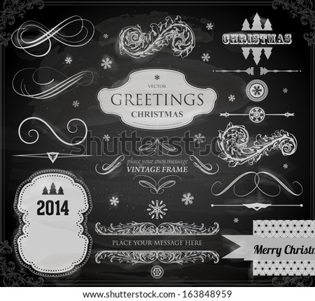 Christmas decoration collection Set of calligraphic and typographic elements frames vintage labels Ribbons stickers borders balls snowflakes Chalkboard decorations design Chalk texture Christmas decoration collection Set of calligraphic and typographic elements frames vintage labels Ribbons stickers borders balls snowflakes Chalkboard decorations design Chalk texture