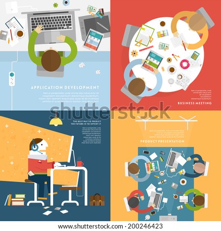 Set of Flat Style Illustrations: Office Worker, Business Meeting and Brainstorming, Product Presentation, Development for Business Design.