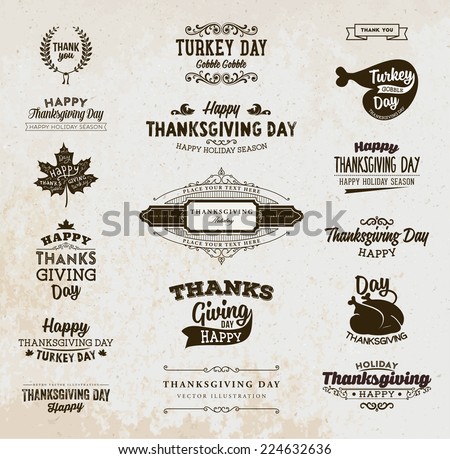 Set of Thanksgiving Day Labels. Holiday Designs. Vintage Paper Background.