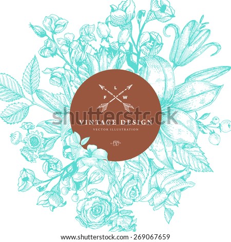 Vintage Card with Engraving Flowers. Floral Wreath. Flower Frame for Summer Logo and Label Designs.