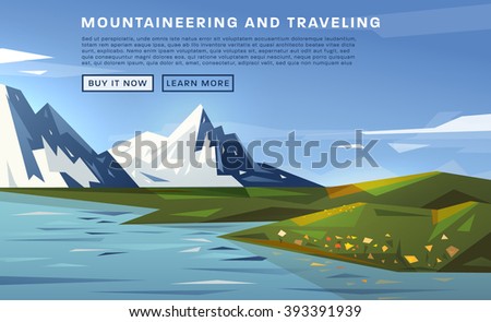 Mountaineering and Traveling Vector Illustration. Landscape with Mountain Peaks. Extreme Sports, Vacation and Outdoor Recreation Concept.