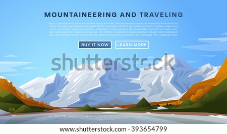 Mountaineering and Traveling Vector Illustration. Landscape with Mountain Peaks. Extreme Sports, Vacation and Outdoor Recreation Concept