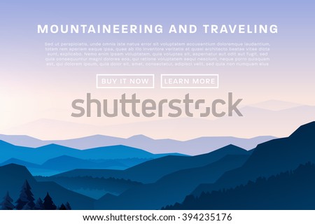 Mountaineering and Traveling Vector Illustration. Landscape with Mountain Peaks. Extreme Sports, Vacation and Outdoor Recreation Concept. Pine Forest.