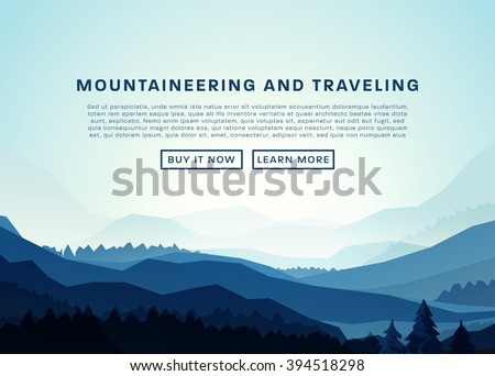 Mountaineering and Traveling Vector Illustration. Landscape with Mountain Peaks. Extreme Sports, Vacation and Outdoor Recreation Concept. Pine Forest.