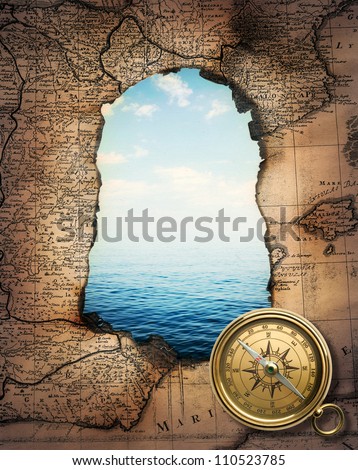 Old Compass On Vintage Burned-Down Map Opens A View Of The Sea. Ready Design On The Subject Of Adventures, Pirates