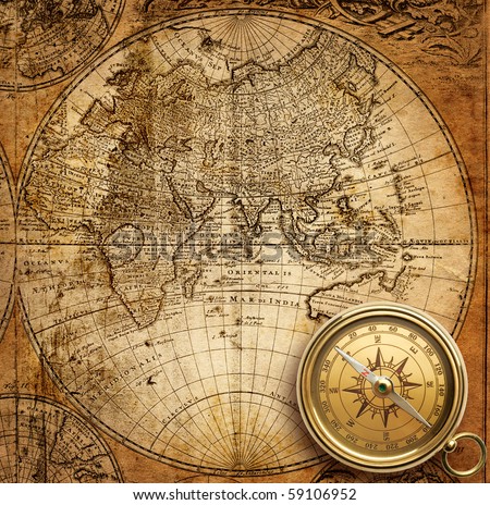 old compass and rope on vintage map 1746