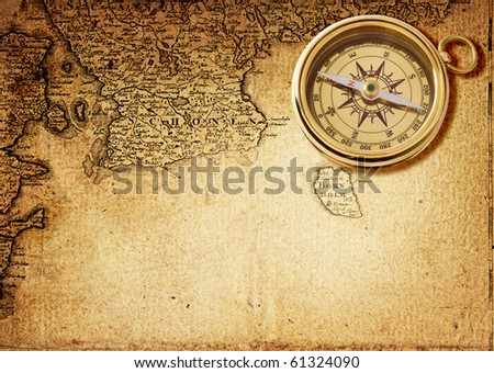 old compass on vintage map 18 centuries