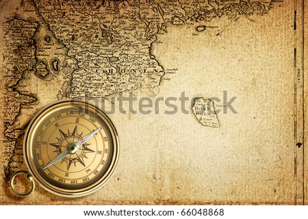 old compass on vintage map 1746