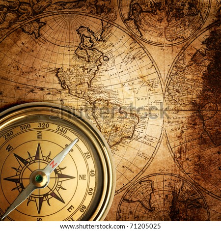 Vintage World  on Old Compass And Rope On Vintage Map 1746 Stock Photo 71205025