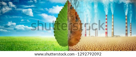A tree leaf on a background of grass and clouds versus a withered leaf on a background of a dead desert with Smoking chimneys of industrial enterprises. Concept on ecology, Earth day, science etc.