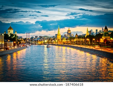 Russia, Moscow, night view of the Moscow River, Bridge and the Kremlin
