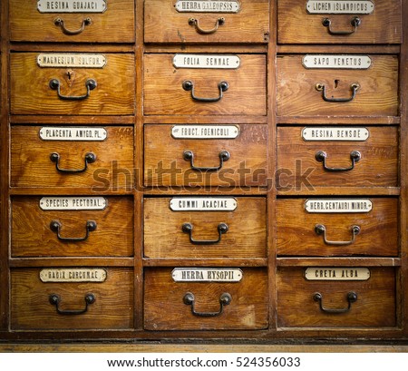 Close-up of a very old apothecary cabinet.
