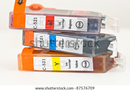 Set of ink printer cartridges on white background