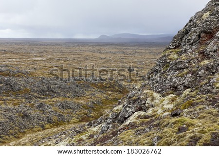 Volcanic field seen from a small volcano, Iceland.