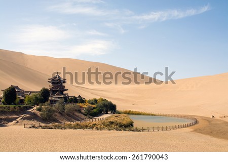 Chinese temple in desert, Mingsha Shan, Dunhuang, China