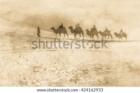 Antique style image of the silk road with camels in the desert